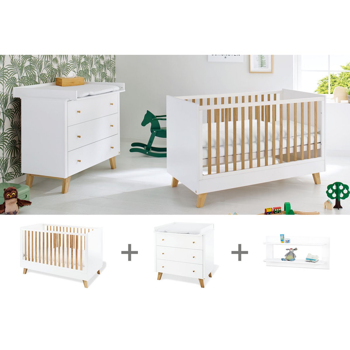 Startset 'Pan' breed, incl. wandplank
3 delen: ledikant, brede commode, wandplank