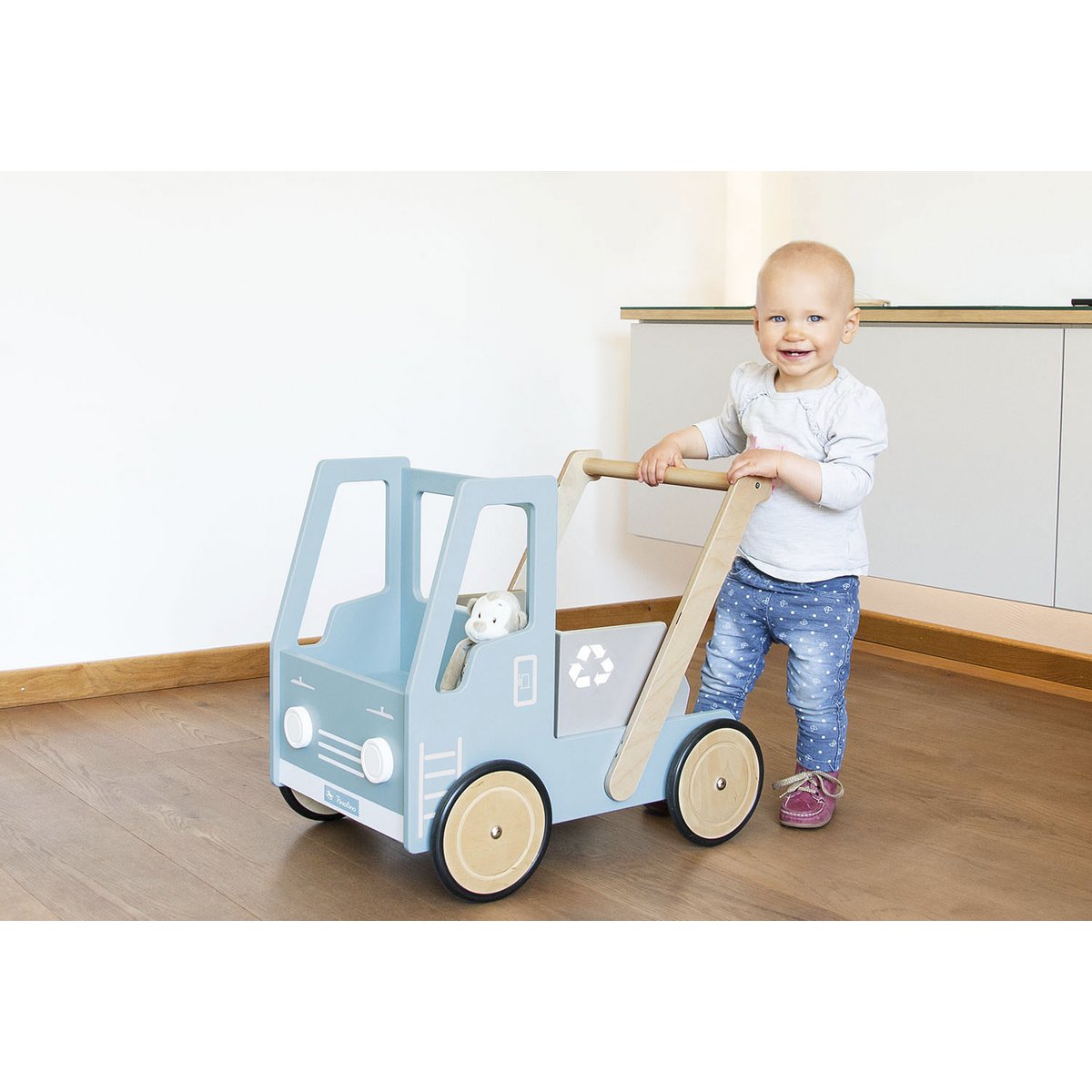 Leren loopwagen 'Kipplaster Fred', blauw