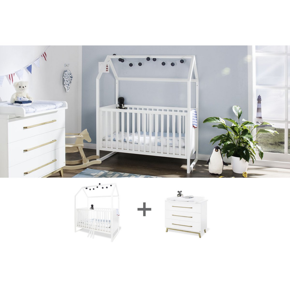 Startset 'Hilda & Riva' breed, wit
2 delen: huisbed, brede commode