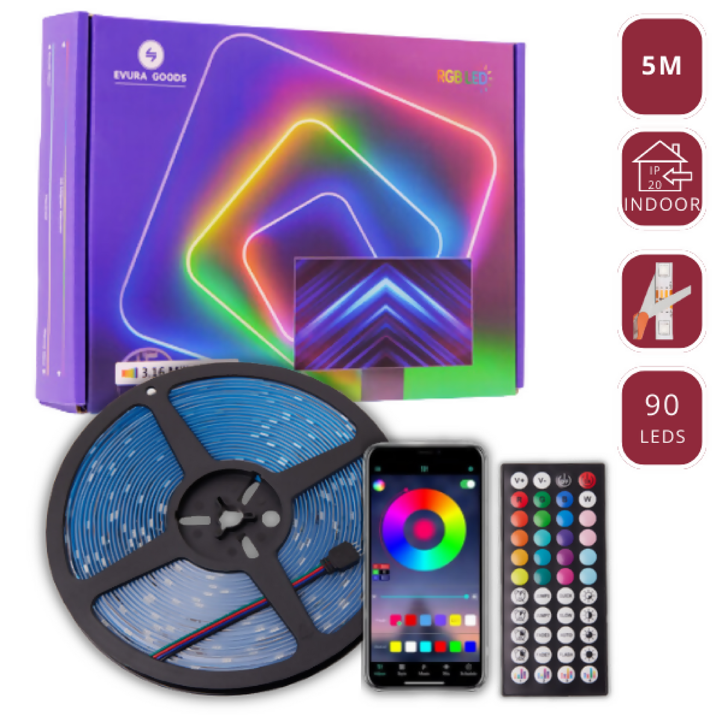 Evura Goods Led strip - 5 meter - RGB - met afstandsbediening & telefoon app